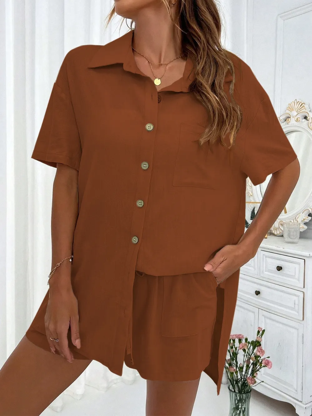 Button Up Half Sleeve Top and Shorts Set, image 5