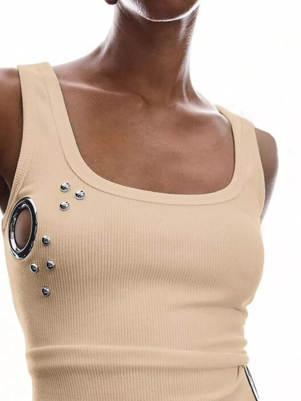 Ribbed Tank Top with Metal Grommet Cutouts and Stud Embellishments, image 14
