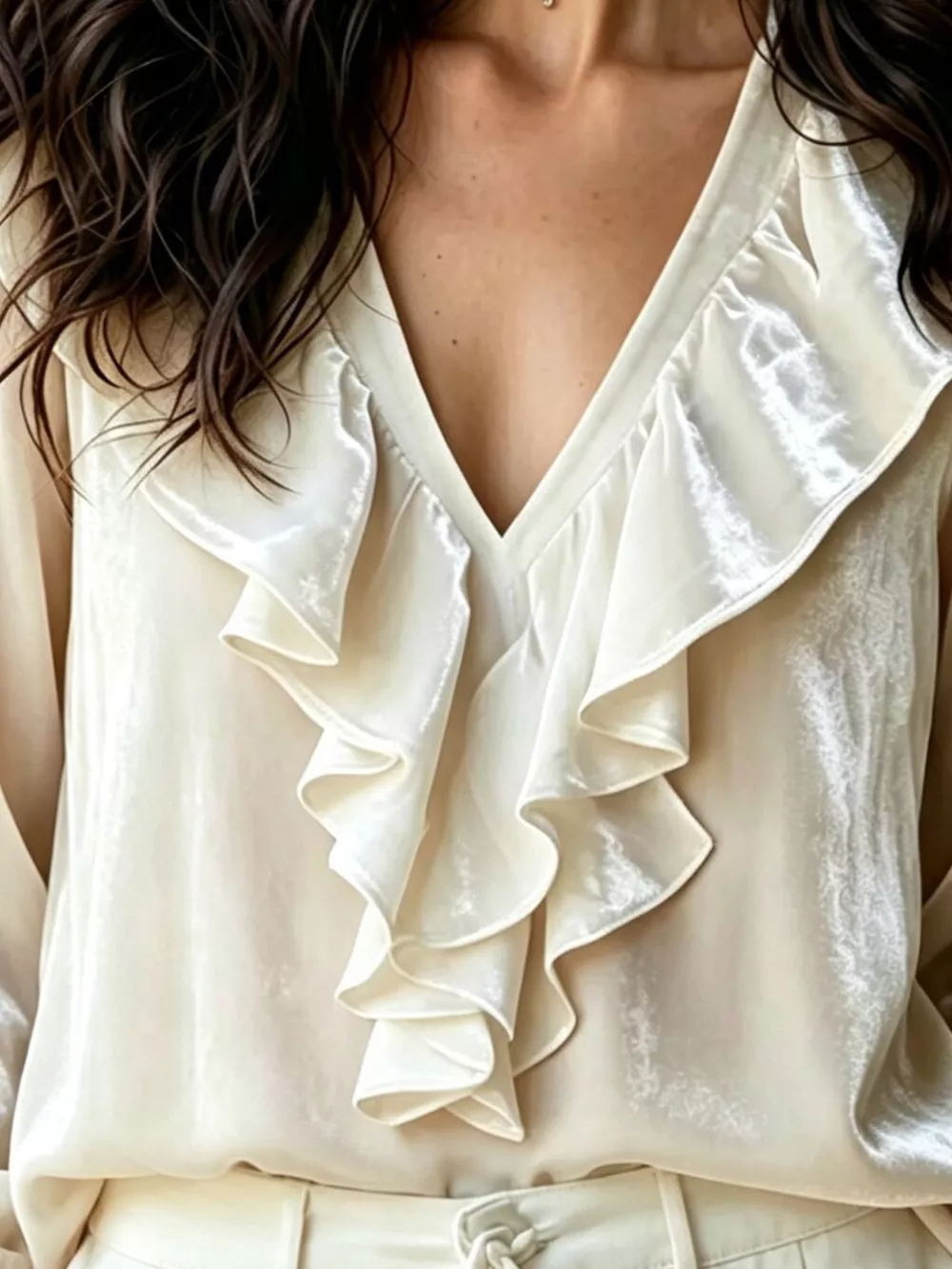 Ruffled V-Neck Long Sleeve Blouse, image 2