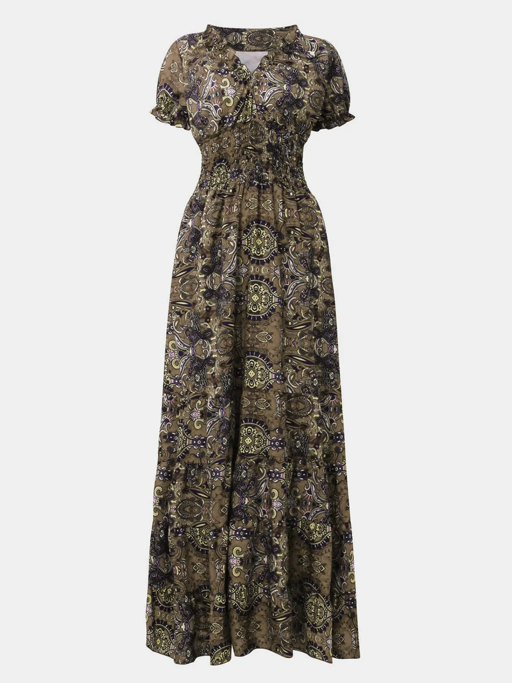 Full Size Smocked Printed V-Neck Short Sleeve Dress, image 6
