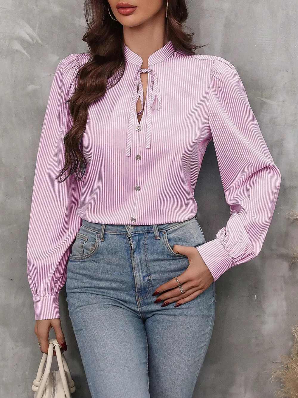Striped Tie Neck Long Sleeve Blouse, image 6