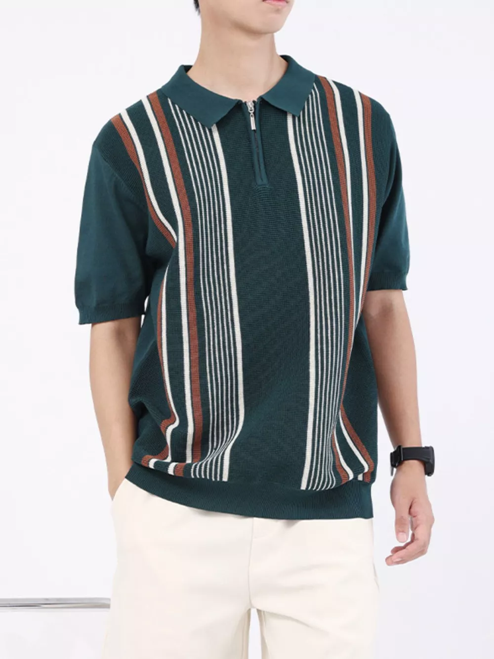 Men's Plus Size Striped Knit Polo with Zipper, image 9