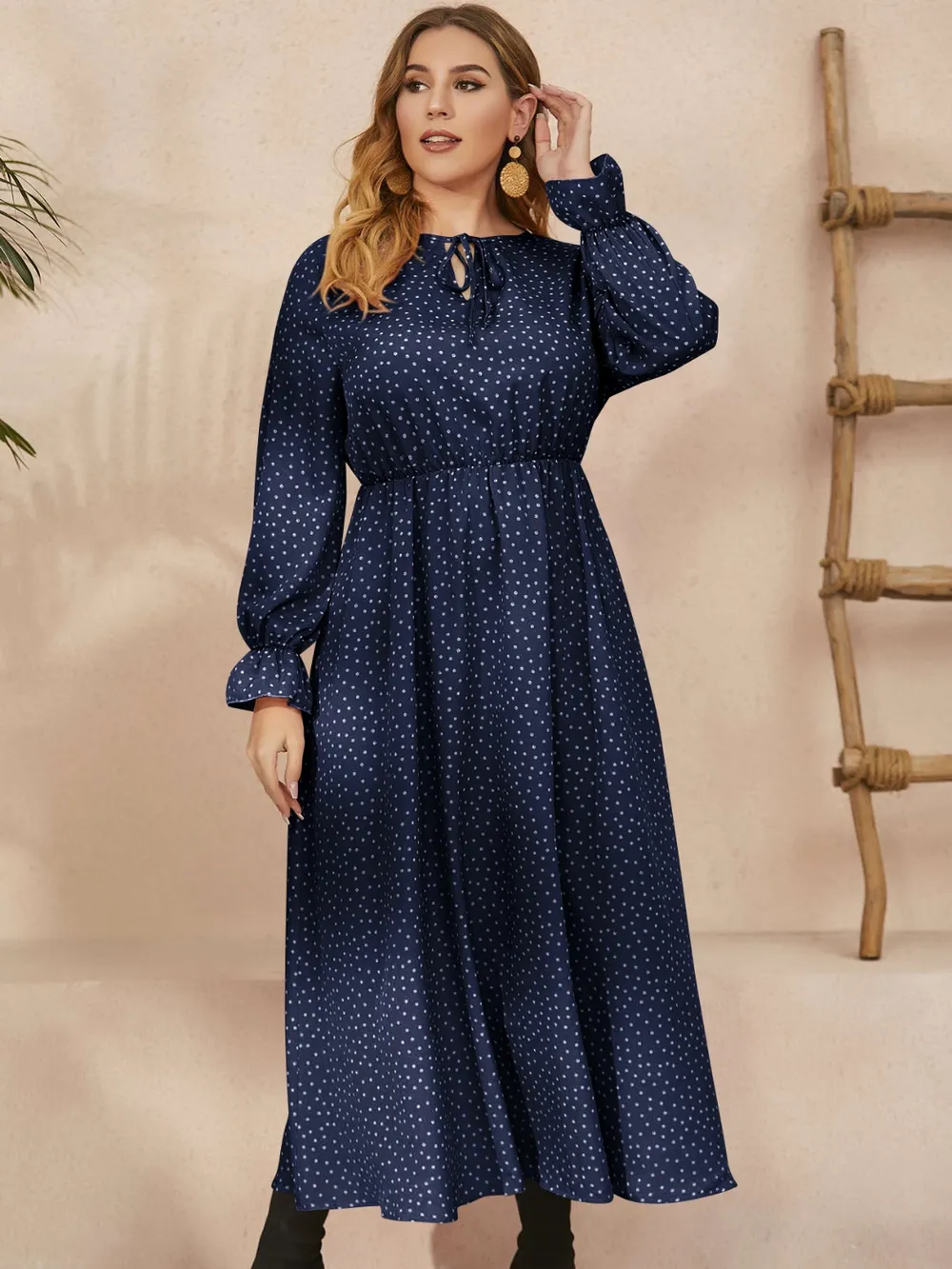 Plus Size Ruffled Polka Dot Long Sleeve Midi Dress, image 4