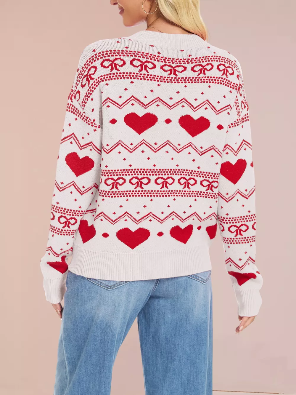 Heart & Bow Pattern Round Neck Sweater, image 13