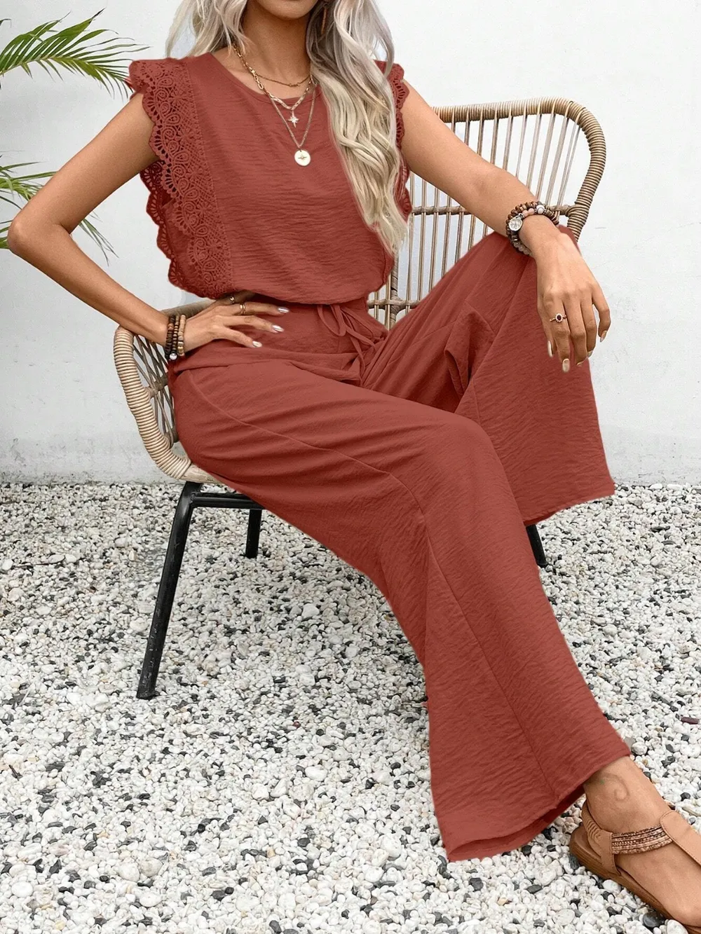 Lace Trim Round Neck Top and Pants Set, image 15