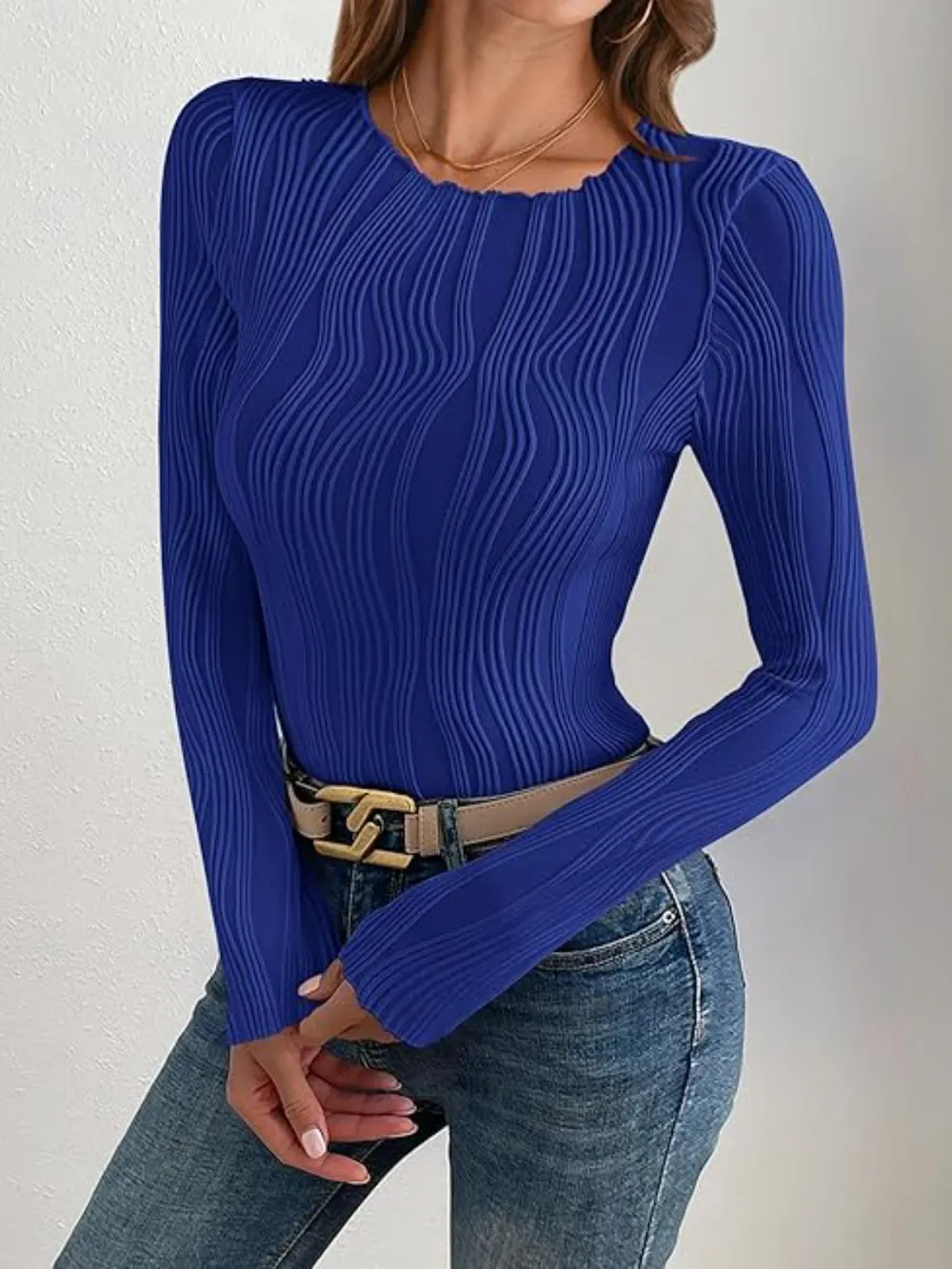 Textured Round Neck Long Sleeve Top, image 18