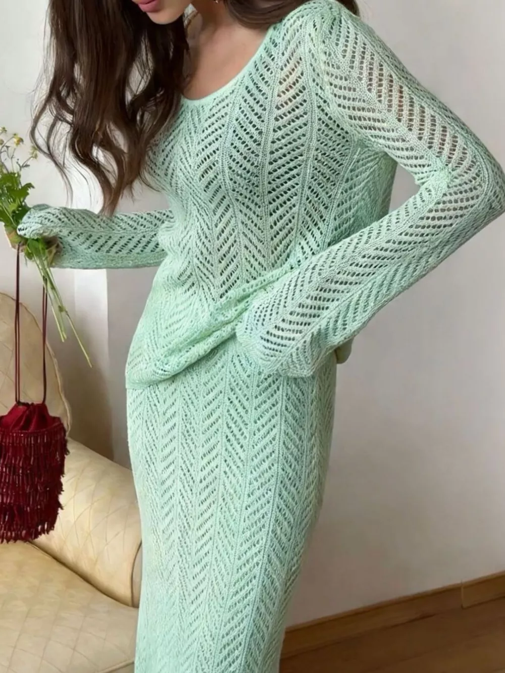 Openwork Long Sleeve Knit Top and Skirt Set, image 8
