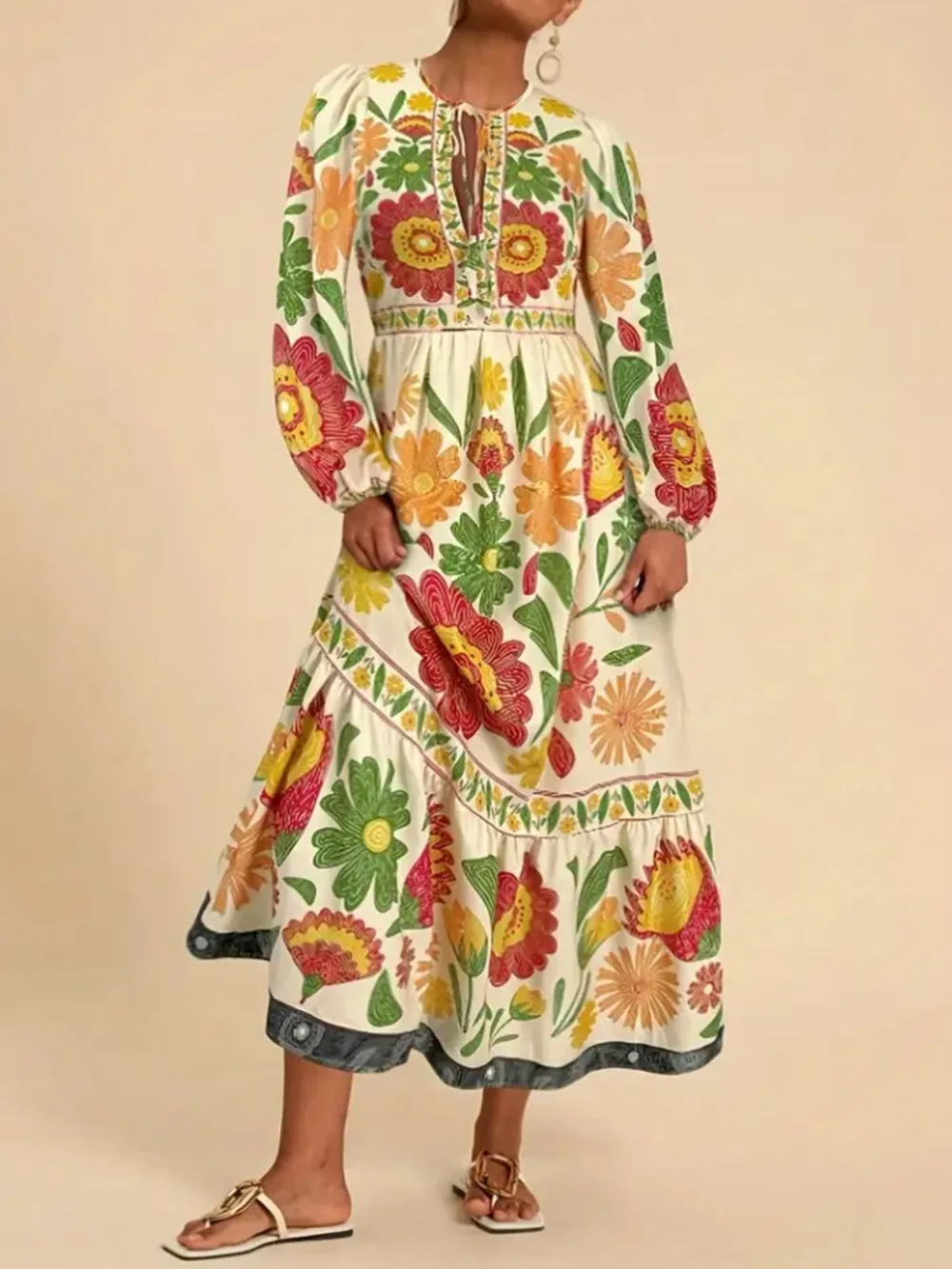 Floral Tie Waist Long Sleeve Dress, image 6