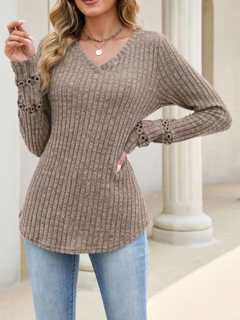 V-Neck Ribbed Knit Top with Eyelet Cuff Detail, image 22