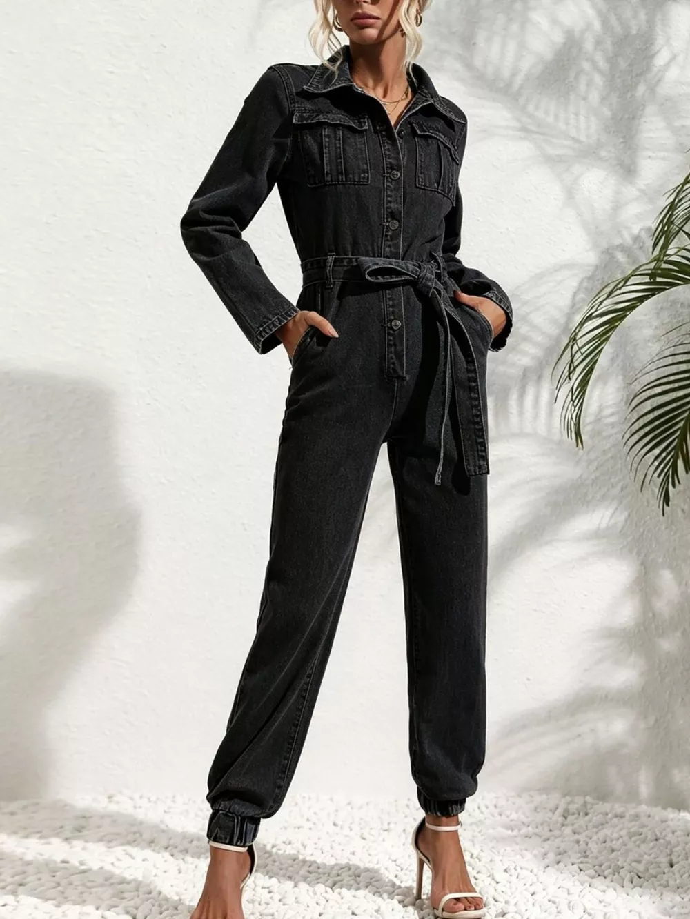 Long Sleeve Button-Up Denim Jumpsuit with Belted Waist and Elastic Cuffs, image 10