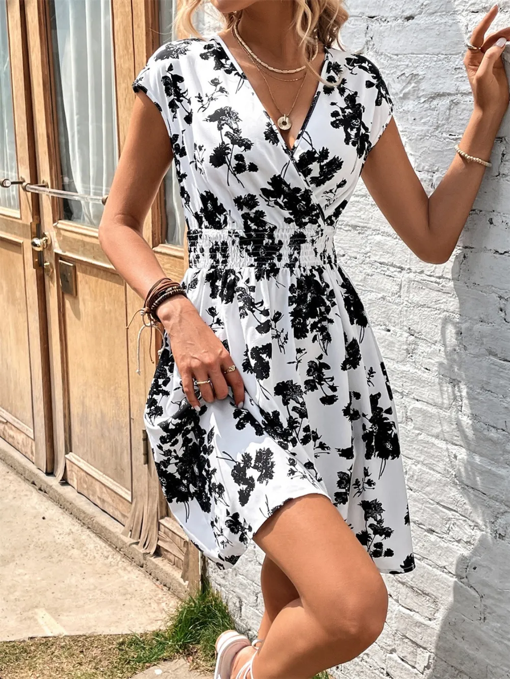 Printed Surplice Cap Sleeve Dress, image 4
