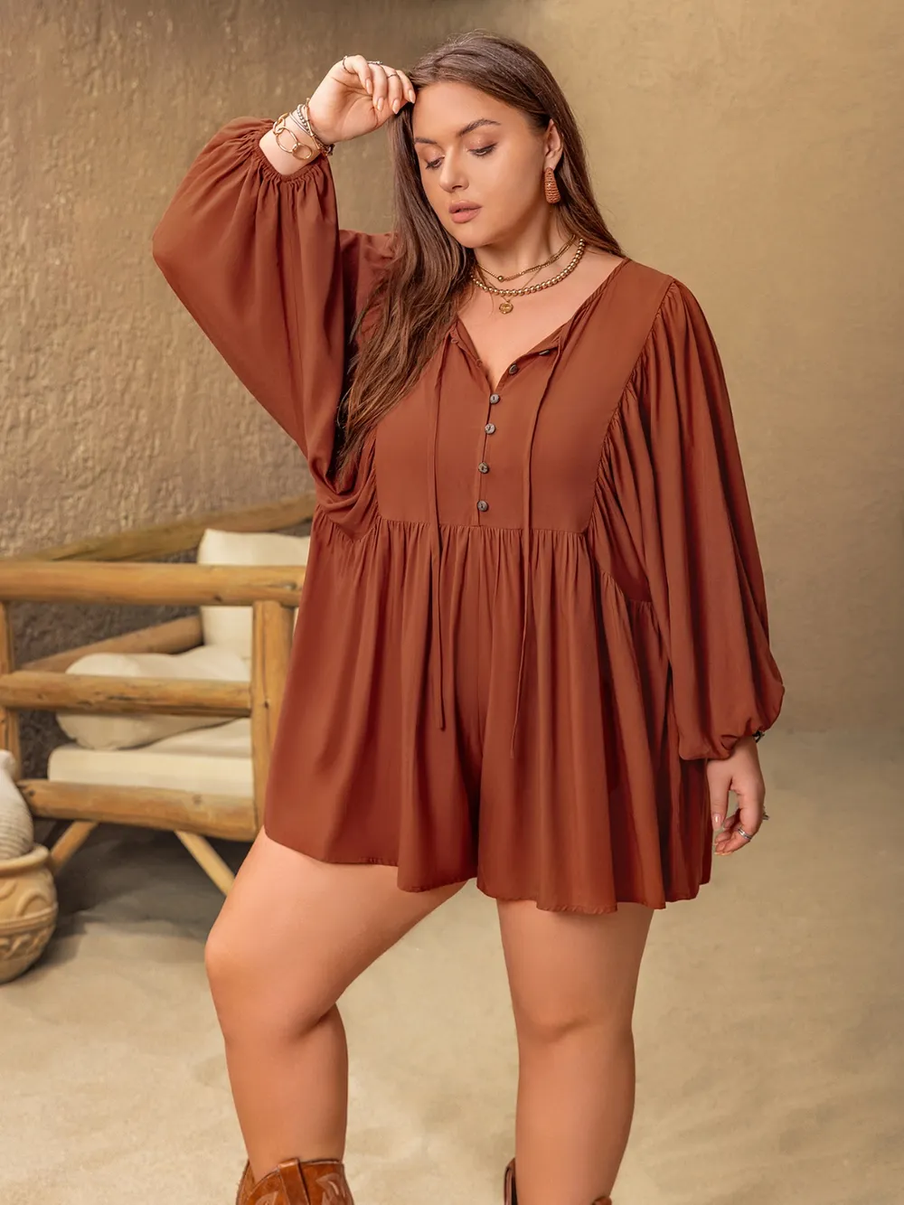 Plus Size Ruched Tie Neck Balloon Sleeve Romper