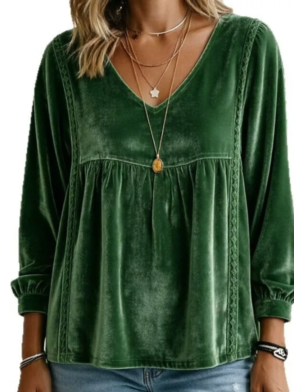 Full Size V-Neck Long Sleeve Velvet Blouse with Lace Trim Plus Size, image 28