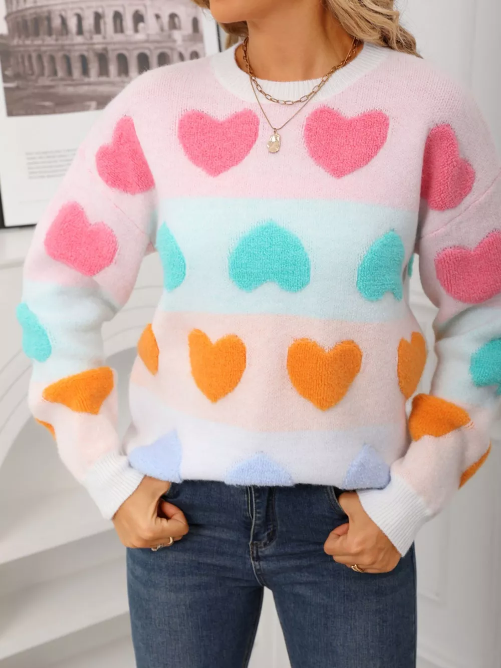 Valentine's Day Heart Pattern Fuzzy Knit Sweater, image 2