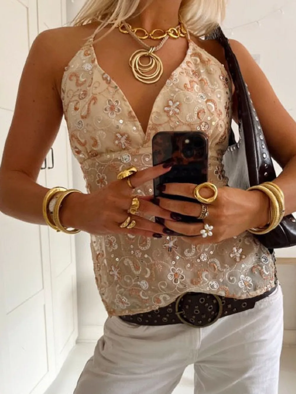 Sequin Embellished Halter Neck Cami, image 4