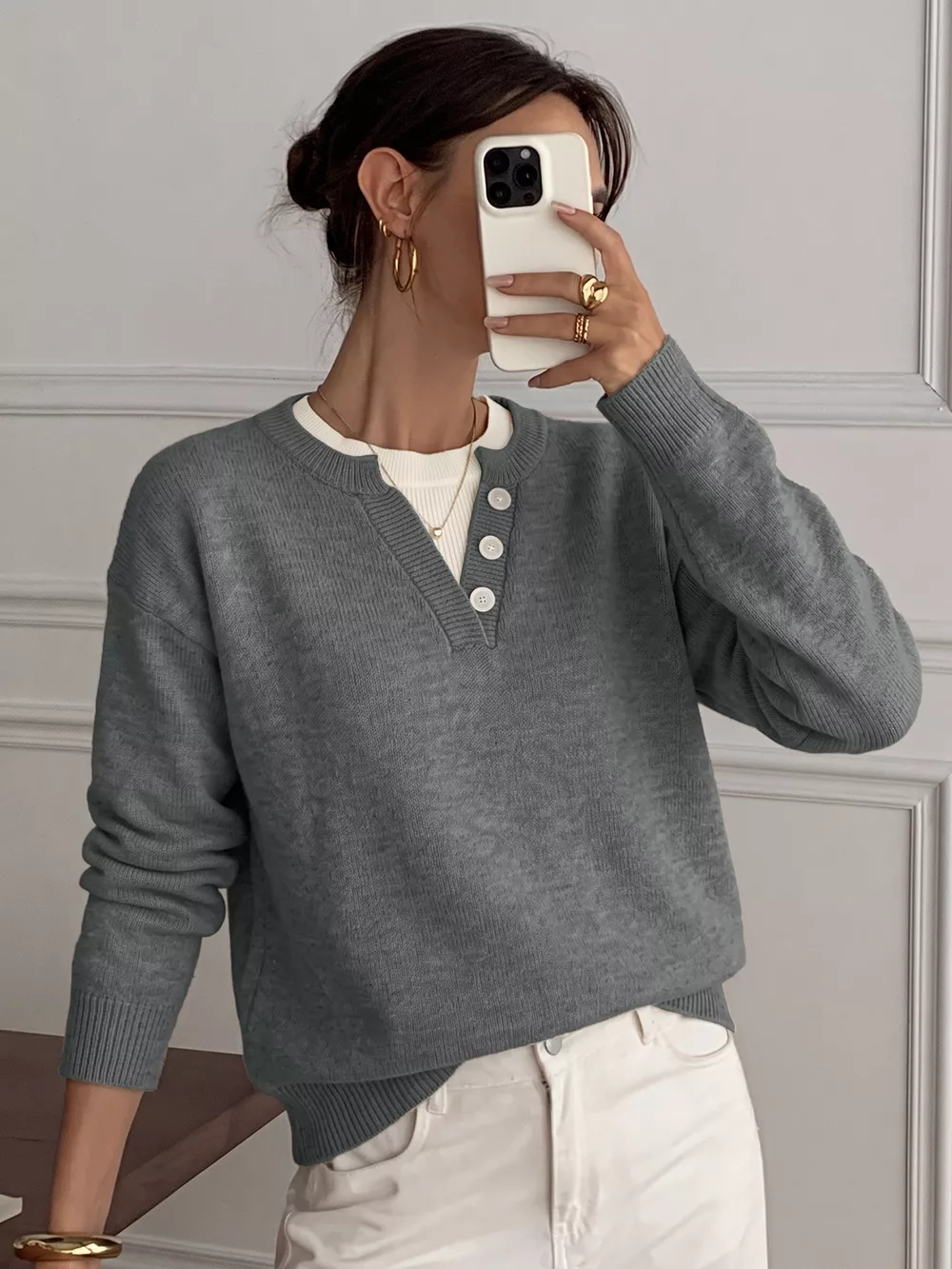 Dropped Shoulder Decorative Button Sweater, image 5
