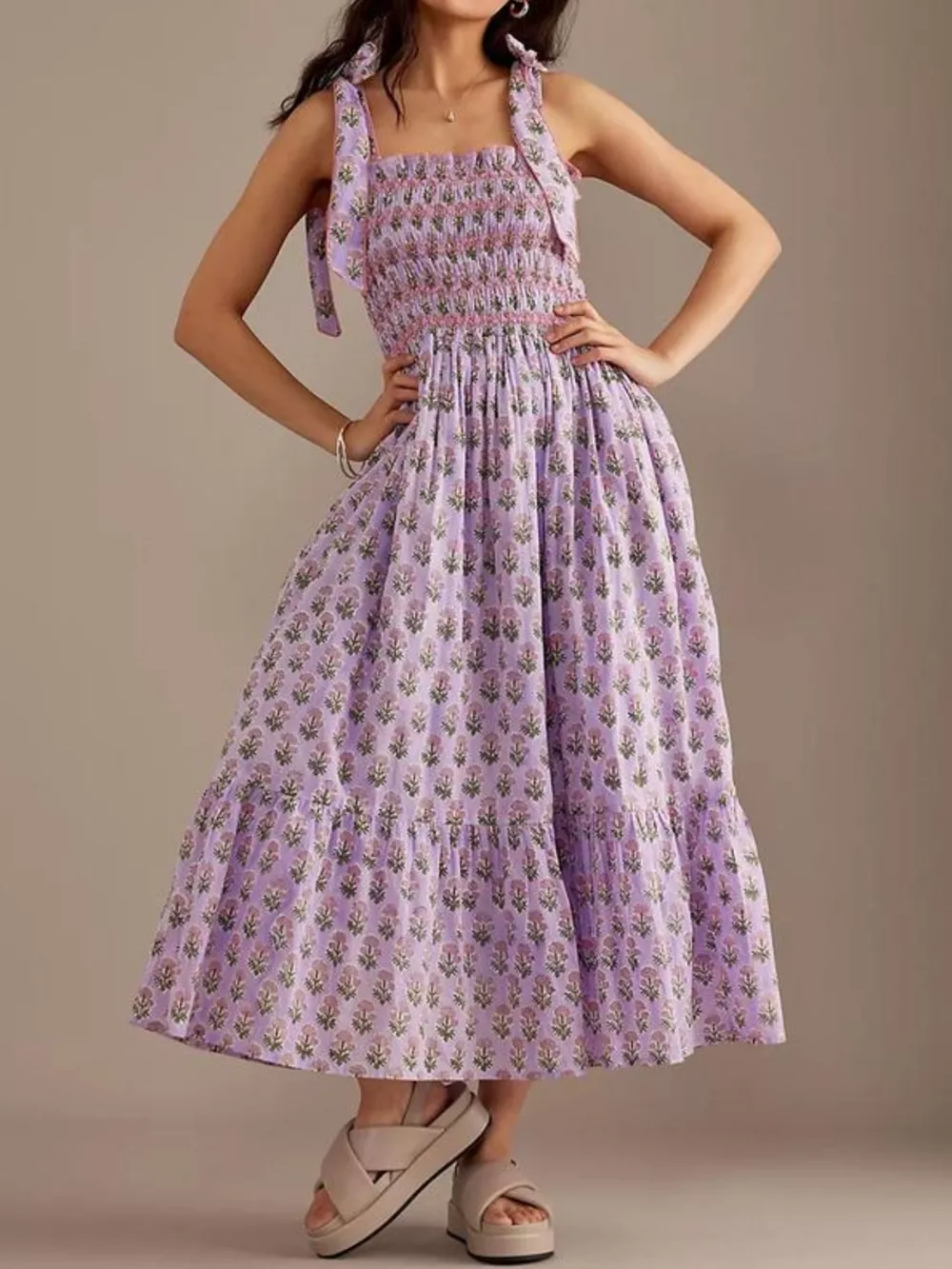 Floral Smocked Tie-Shoulder Midi Dress, image 4