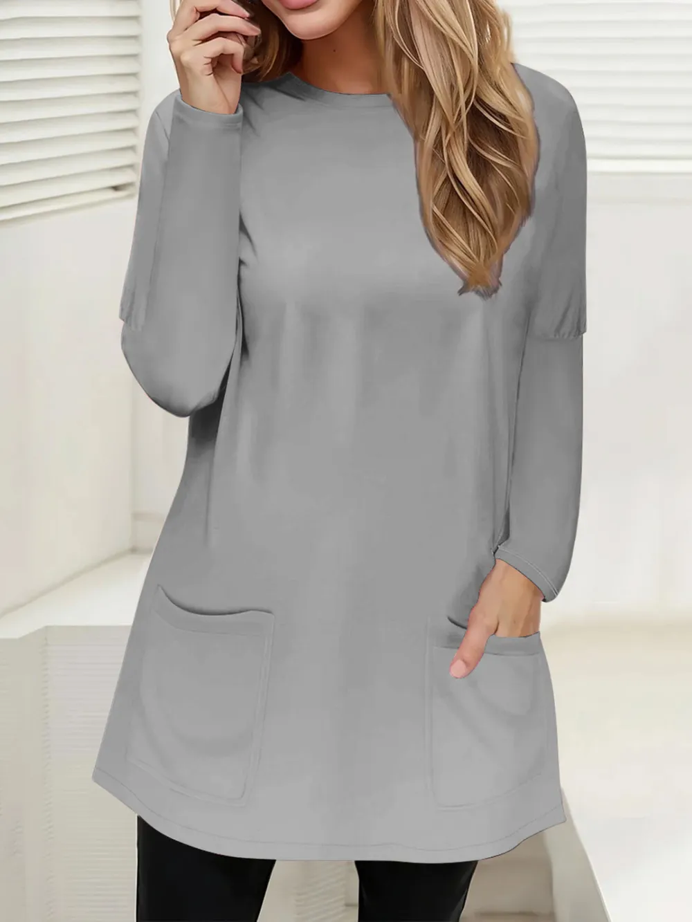 Full Size Pocketed Round Neck Long Sleeve T-Shirt, image 4
