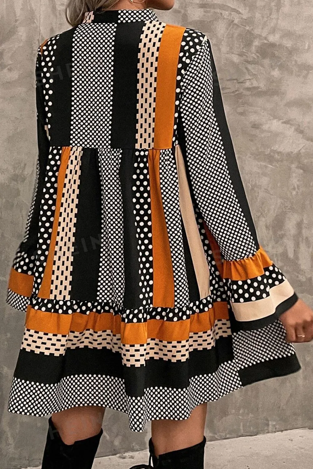 Printed Notched Long Sleeve Mini Dress, image 3