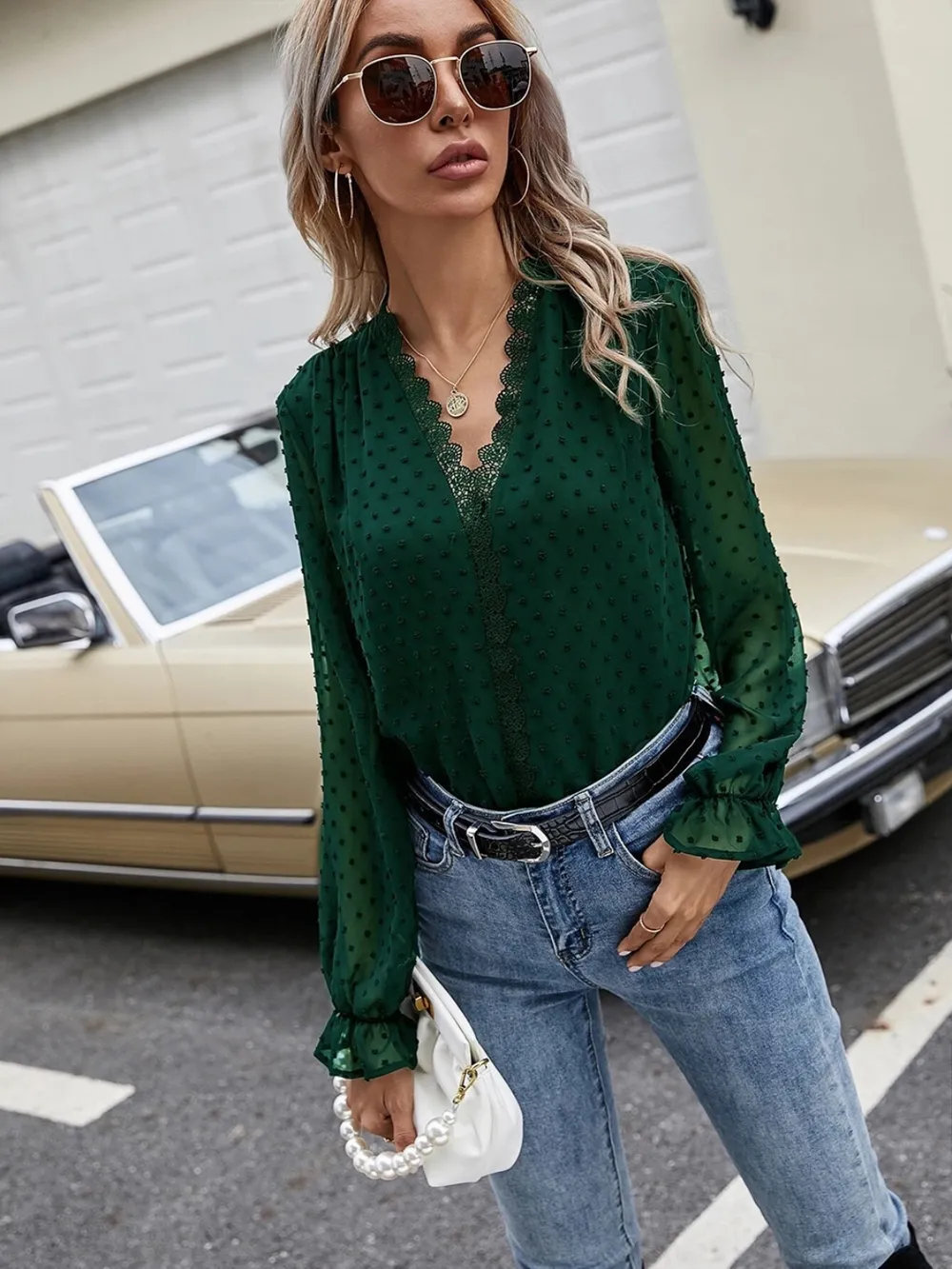 Lace Detail V-Neck Swiss Dot Blouse, image 5