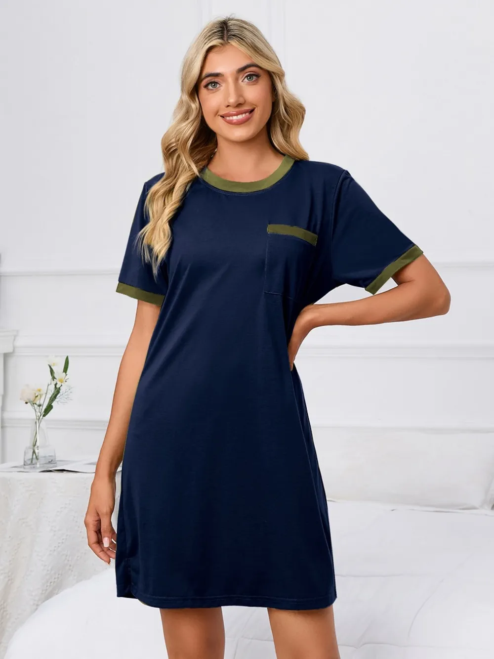 Contrast Trim Round Neck Mini Dress, image 9