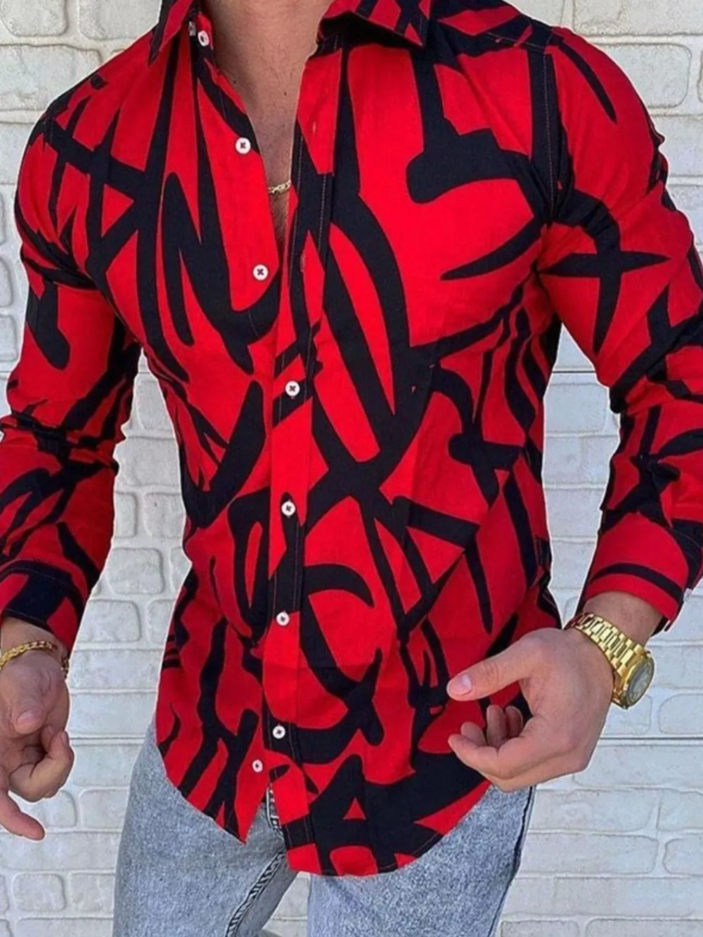 Men's Plus Size Printed Button Up Long Sleeve Shirt, image 2