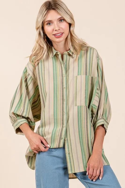 Striped Bubble Sleeve Button Down Shirt, image 2
