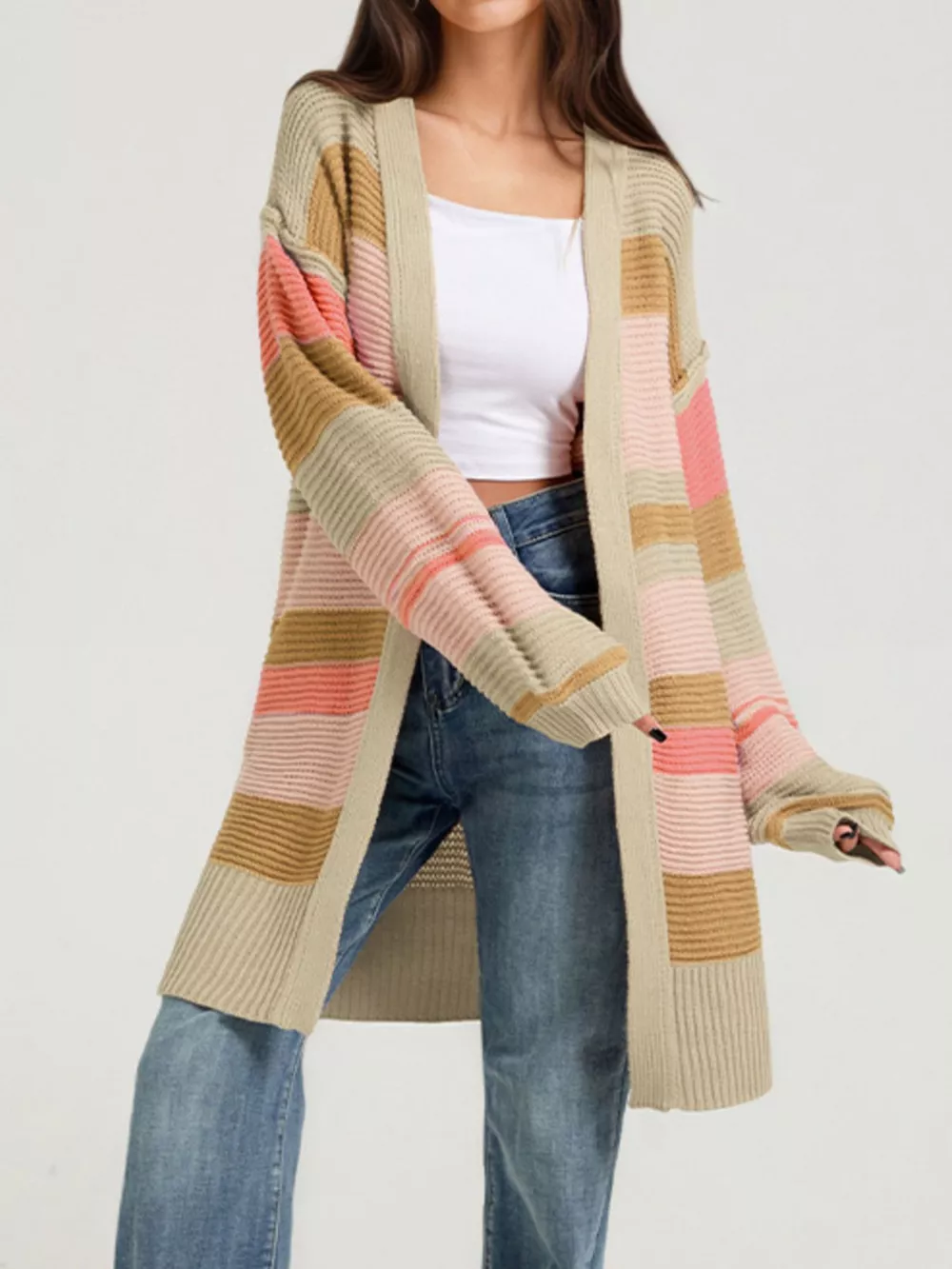Color Block Striped Open Front Cardigan, image 7