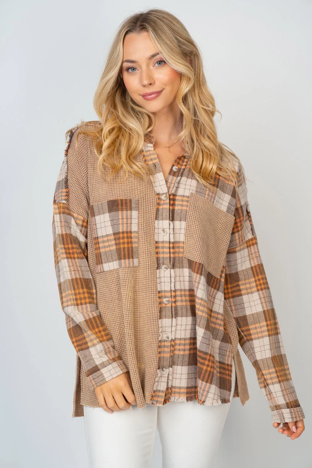 Full Size Contrast Plaid Button Down Shirt, image 4