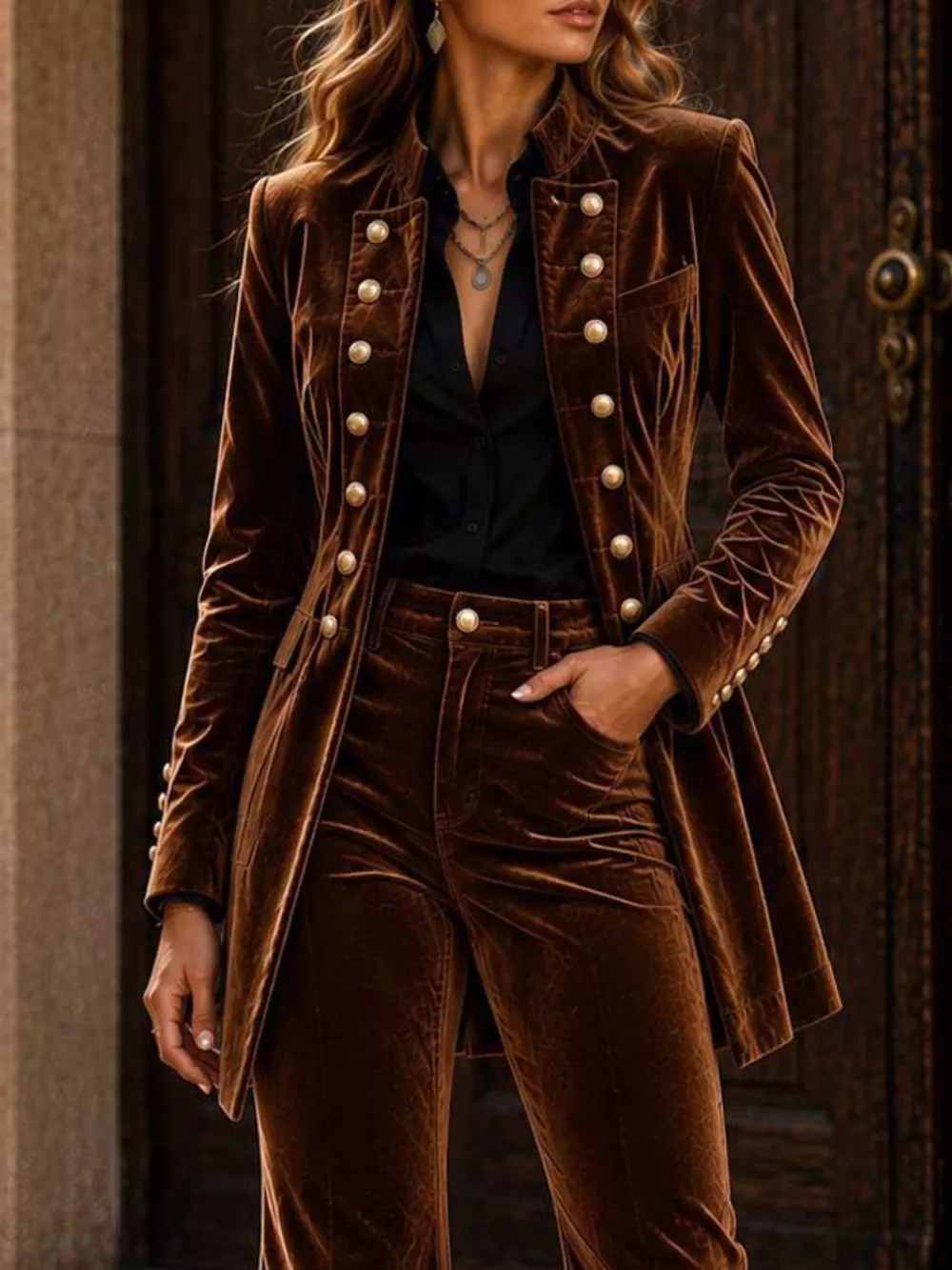 Velvet Double-Breasted Blazer and Flare Pants Set, image 4