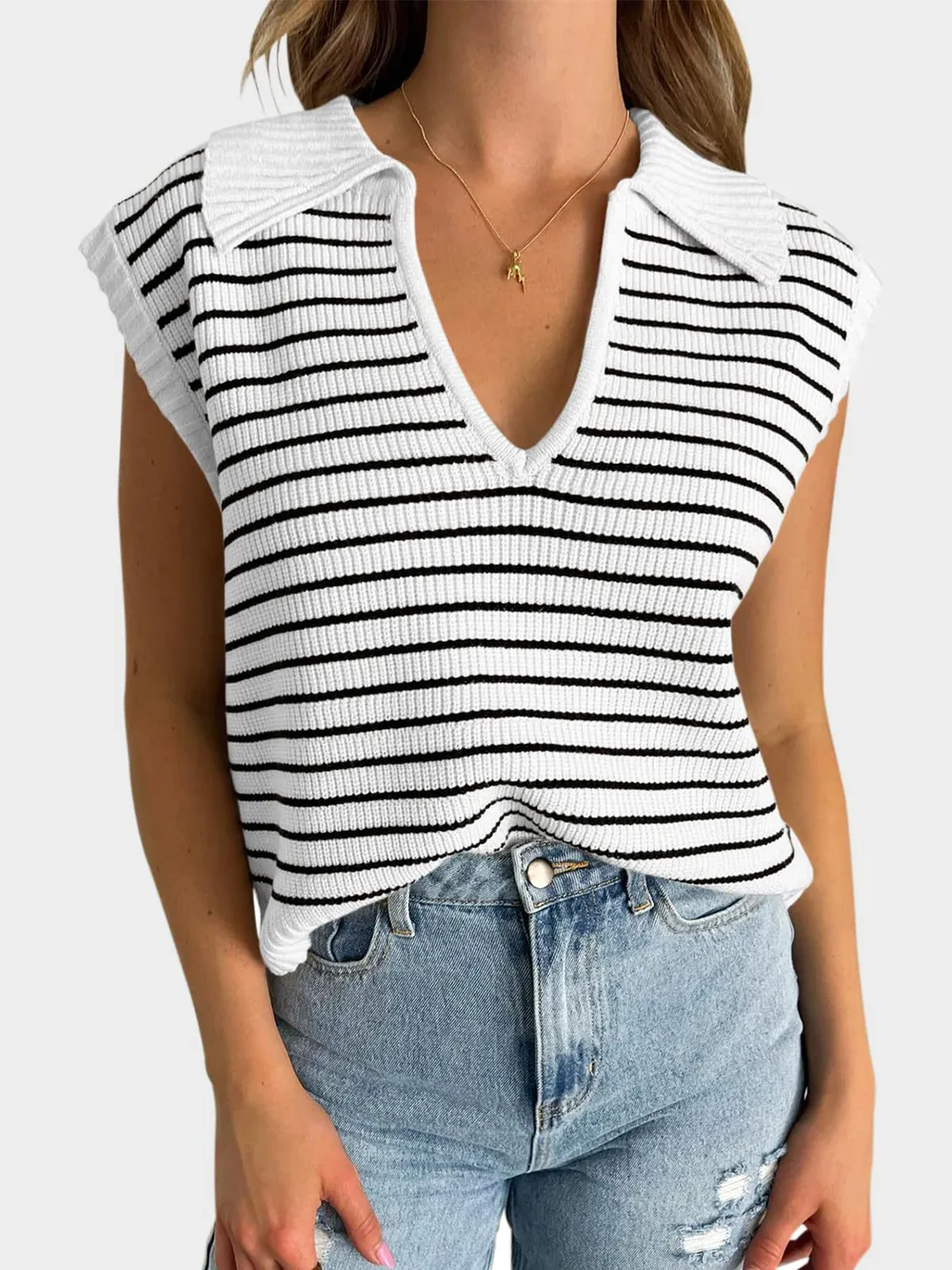 Collared Neck Striped Sweater Vest, image 8