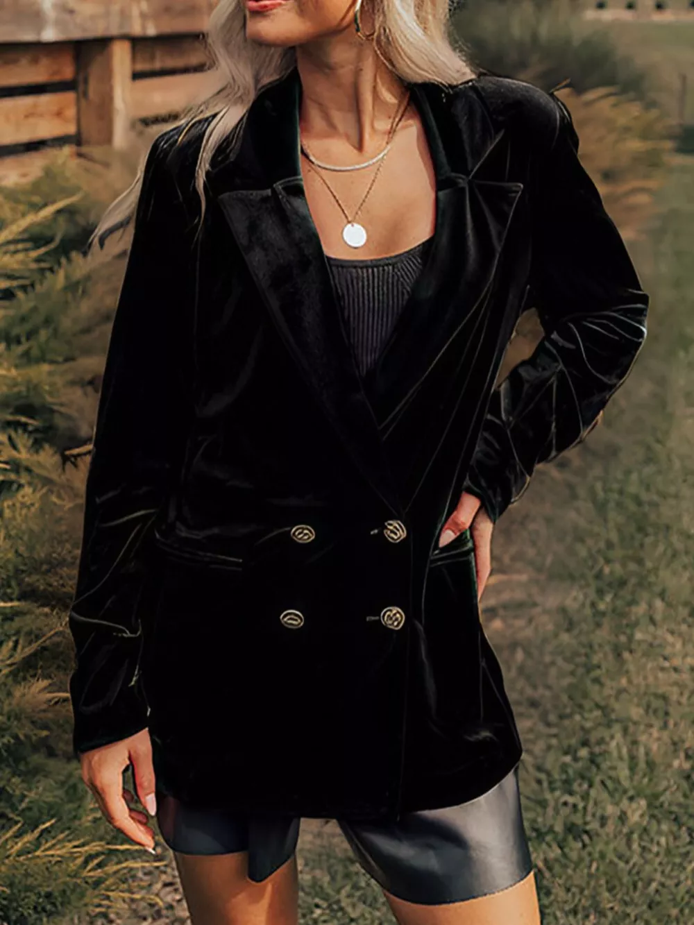 Velvet Lapel Collar Button Up Blazer