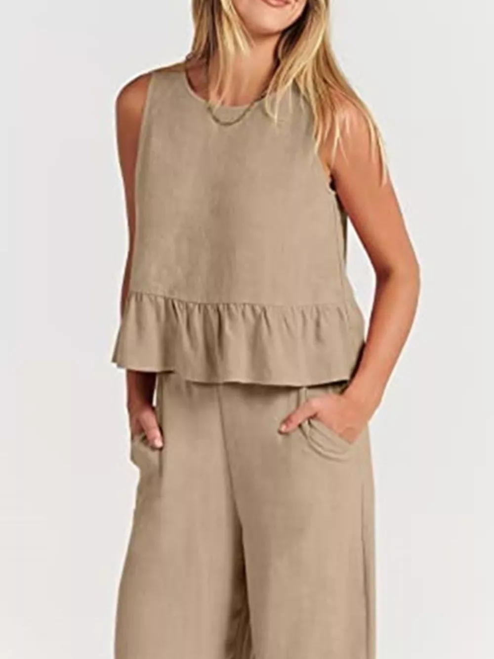 Full Size Ruffled Hem Sleeveless Top and Wide-Leg Pants Set Plus Size, image 22
