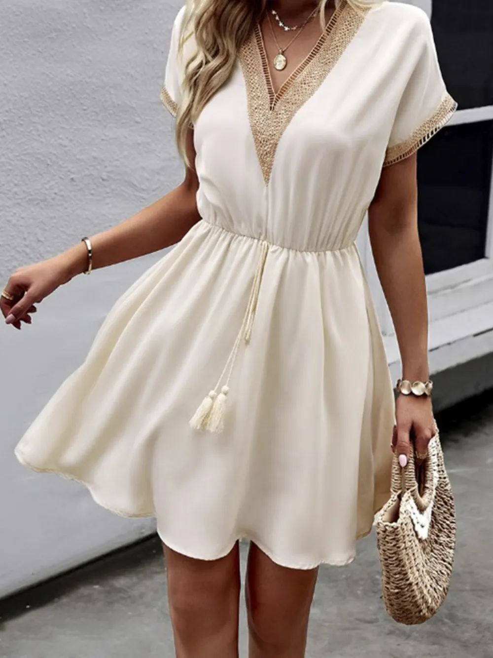 Full Size Tassel V-Neck Short Sleeve Dress Plus Size, image 6