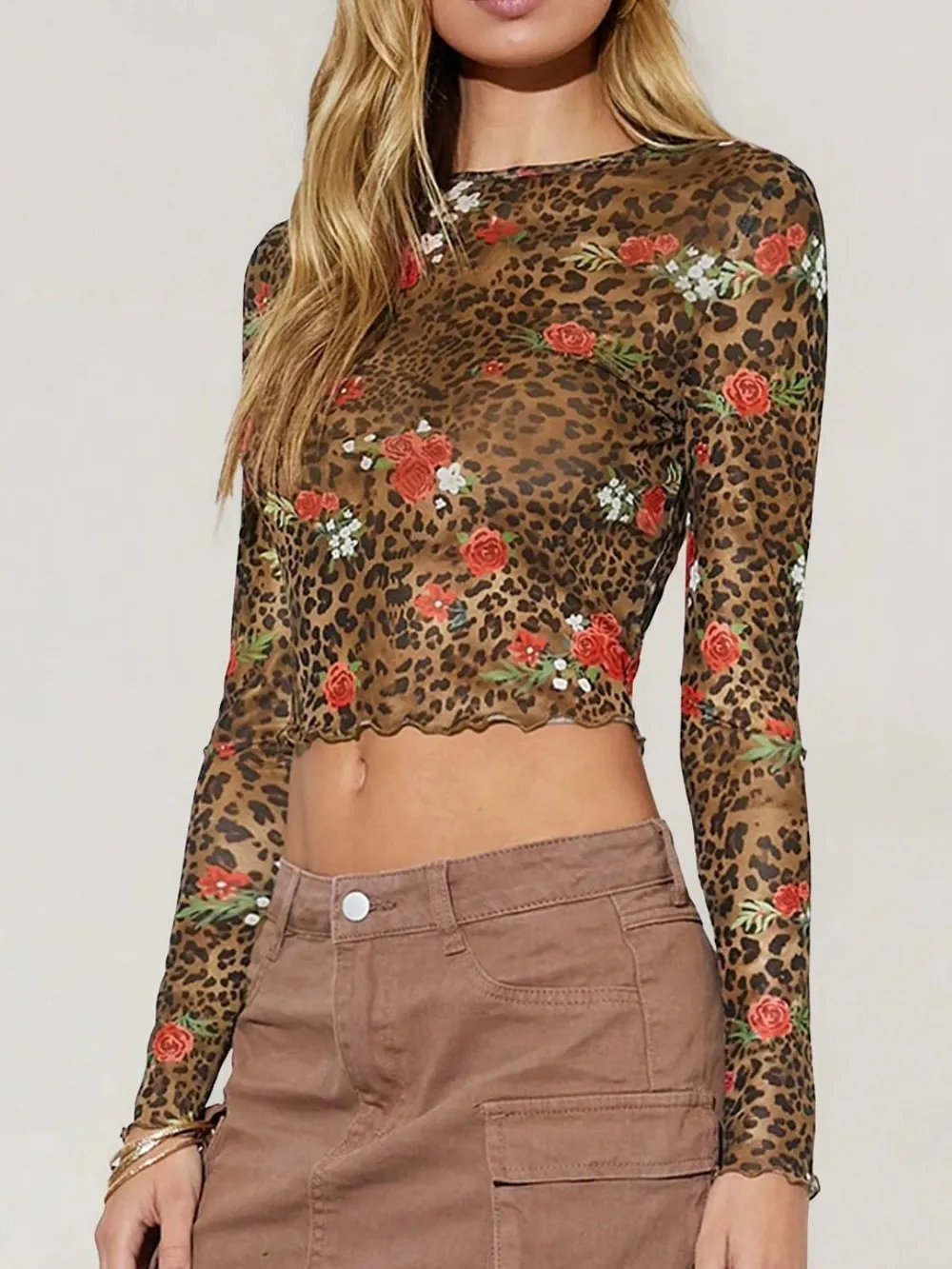 Leopard Floral Round Neck Long Sleeve Mesh T-Shirt, image 3