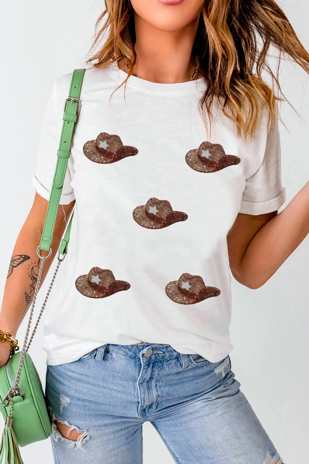 Sequin Hat Round Neck Short Sleeve T-Shirt, image 3