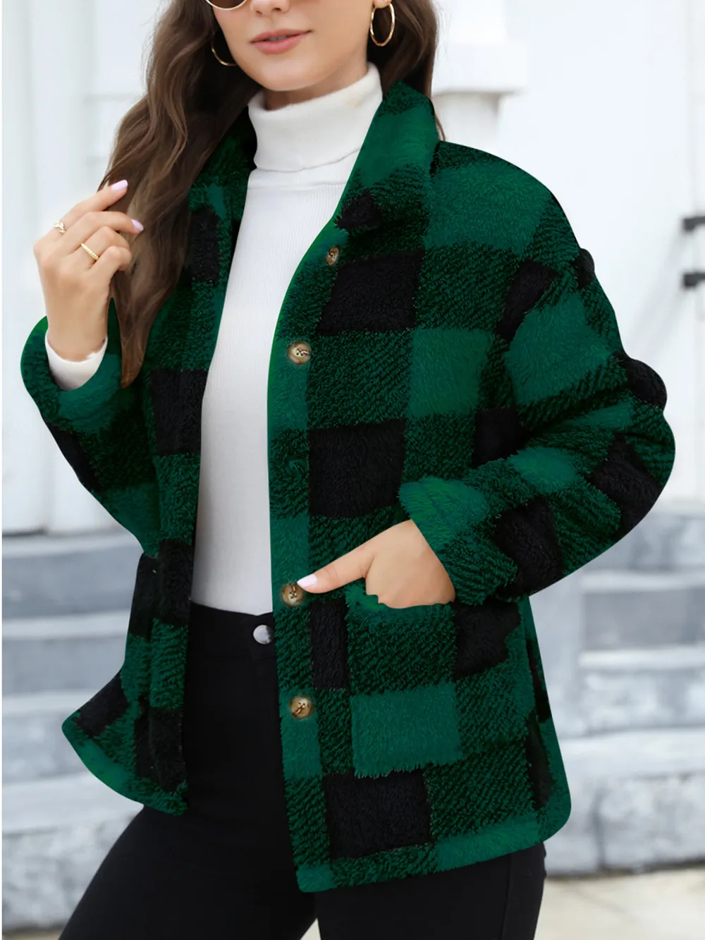 Button Up Drop Shoulder Fuzzy Jacket, image 10
