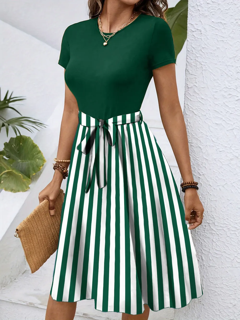 Striped Round Neck Short Sleeve Dress, image 8