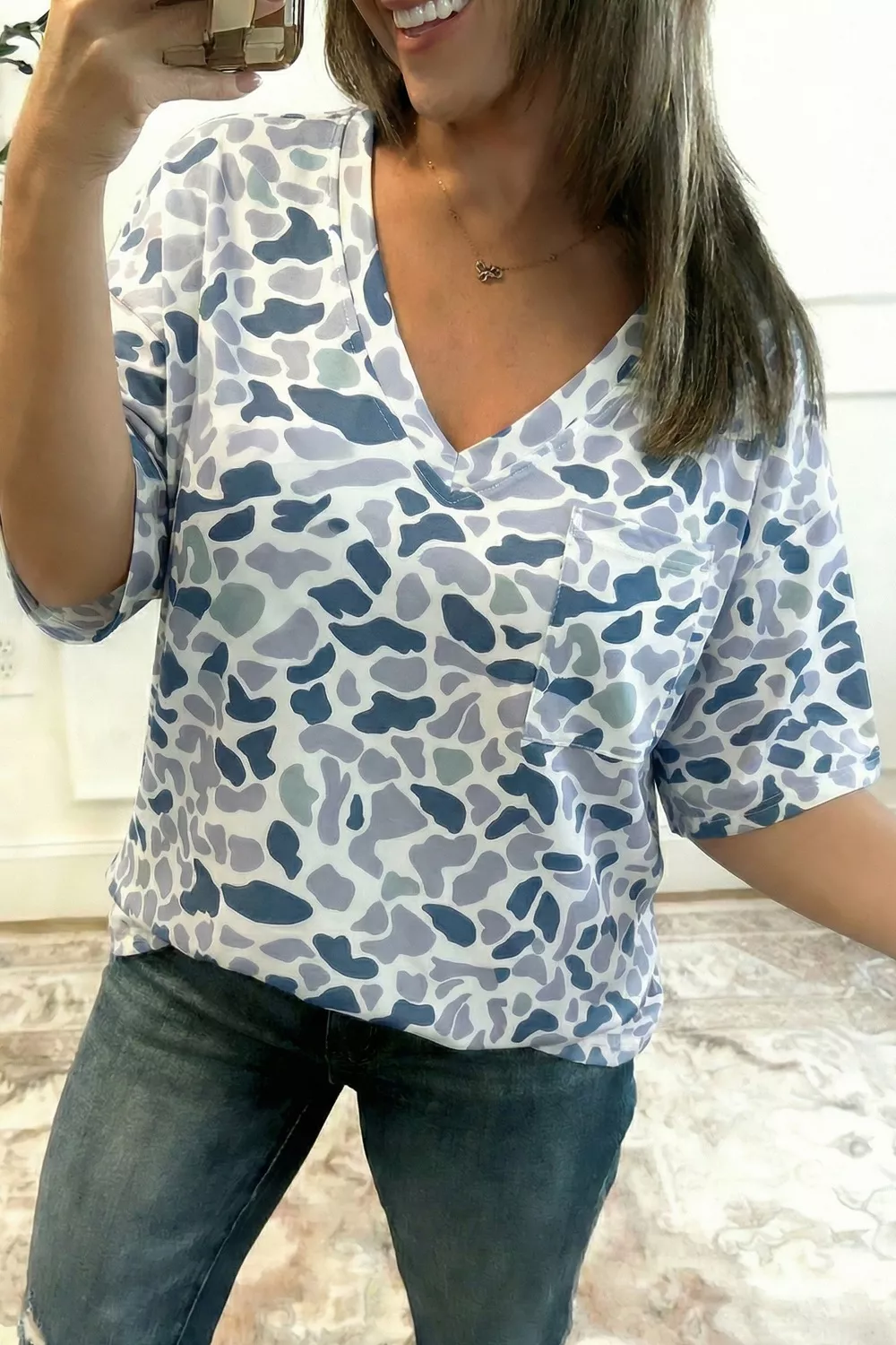 Camo Print V-Neck Pocket T-Shirt