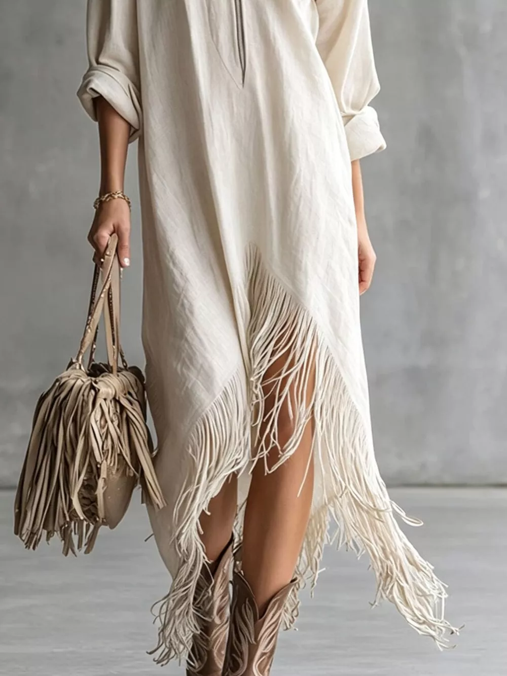 Zipper-Front Fringe Hem Midi Dress, image 4