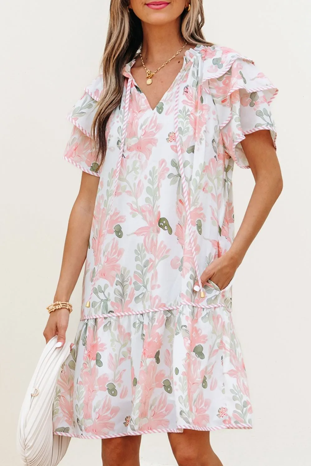 Floral Contrast Edge Layered Short Sleeve Mini Dress, image 10