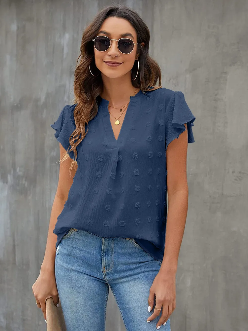 Swiss Dot Notched Flutter Sleeve Blouse, image 9
