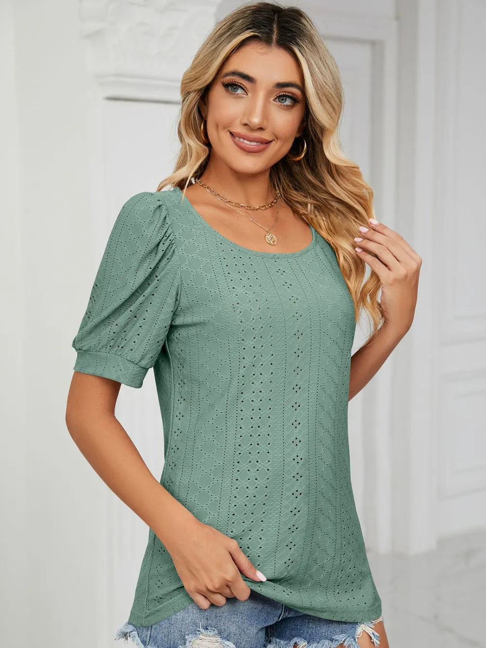 Ruched Notched Long Sleeve T-Shirt, image 3