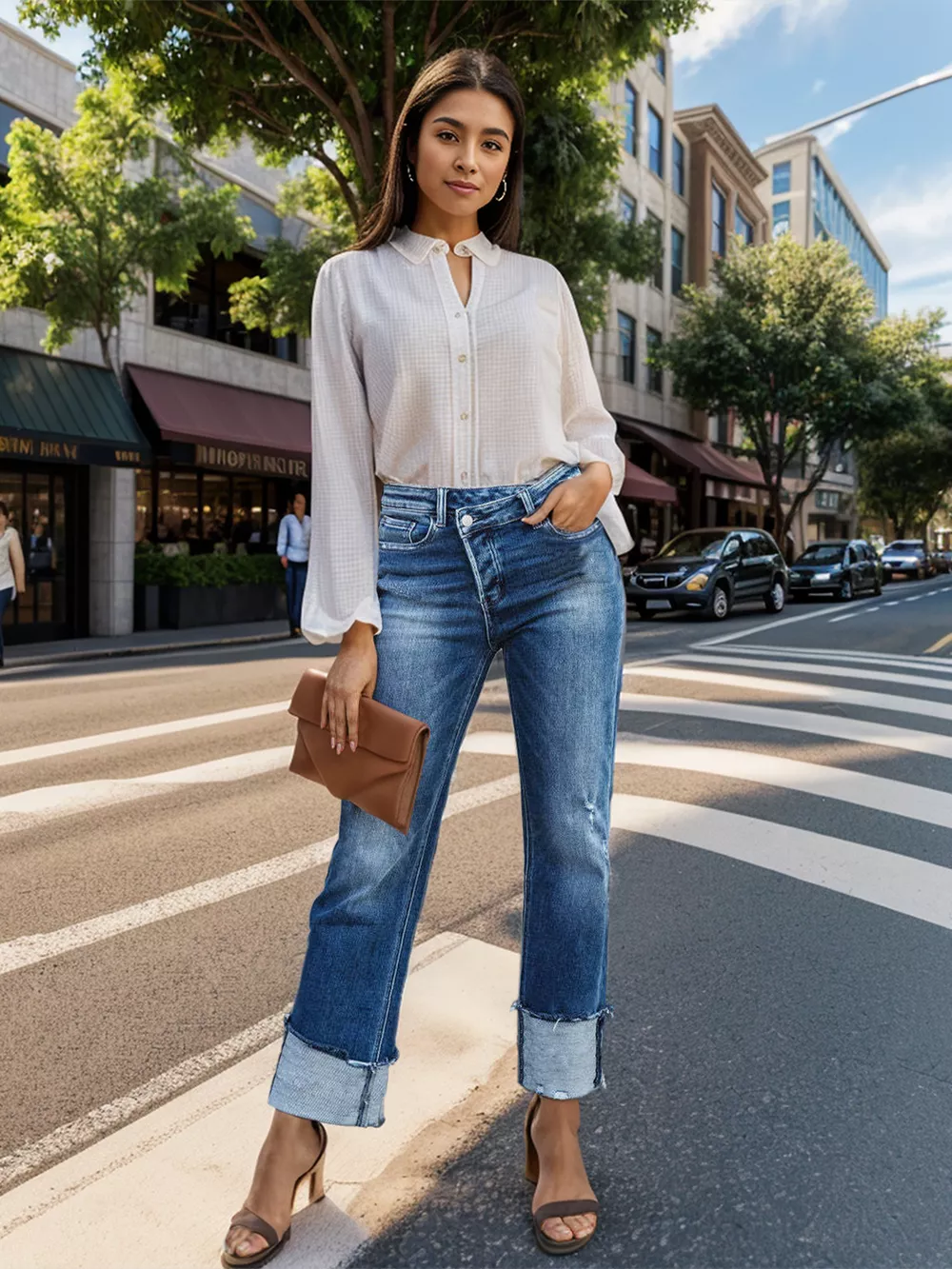 Stepped Waist Raw Hem Rolled Straight Jeans, image 2