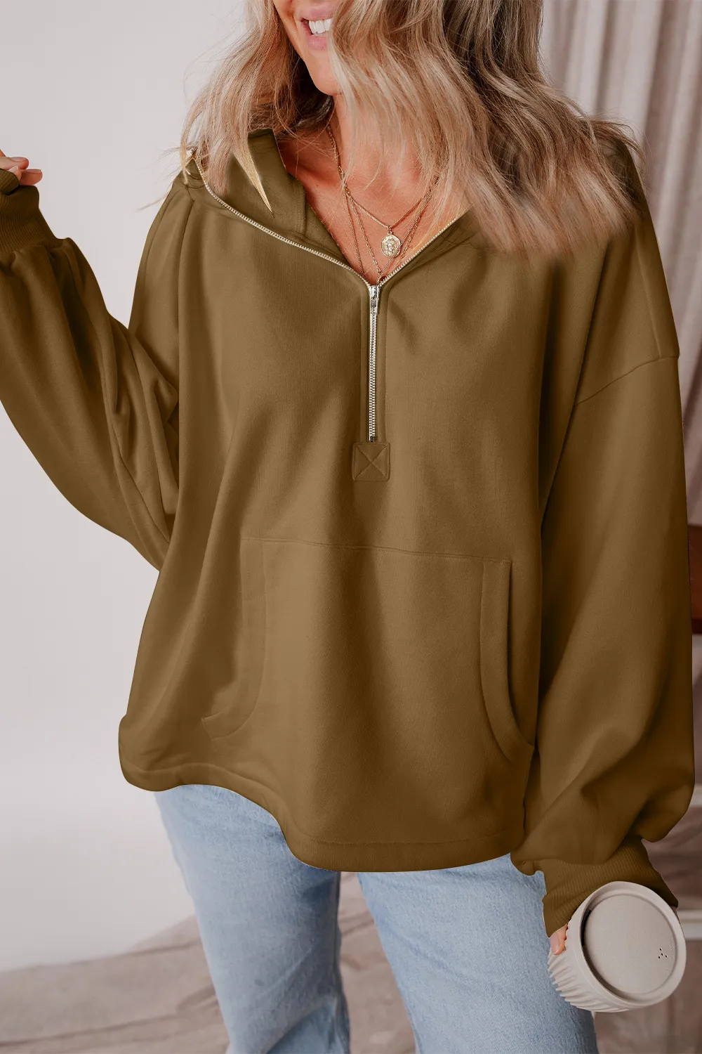 Pocketed Half Zip Dropped Shoulder Hoodie, image 10