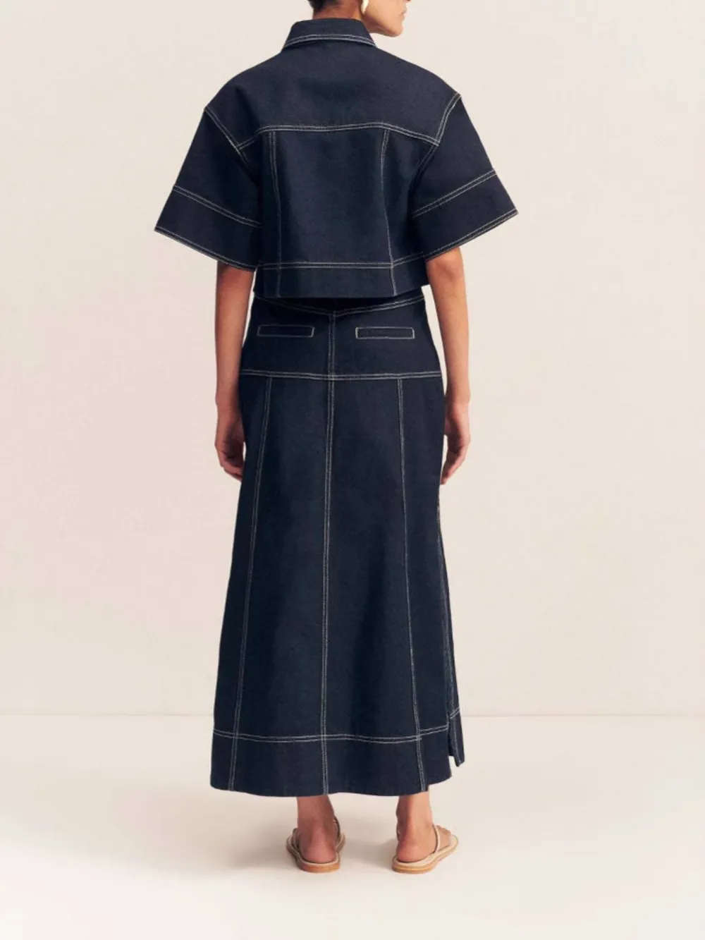 High-Waist Side Slit Contrast Stitch Denim Maxi Skirt, image 3