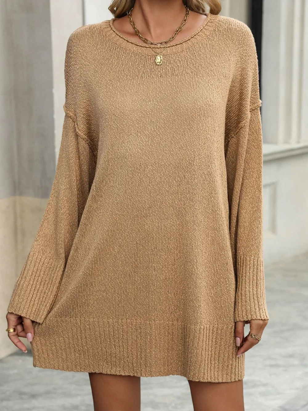 Round Neck Dropped Shoulder Sweater, image 2