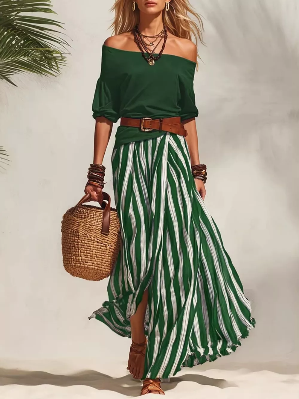 Off Shoulder Top and Striped Maxi Skirt Set, image 5