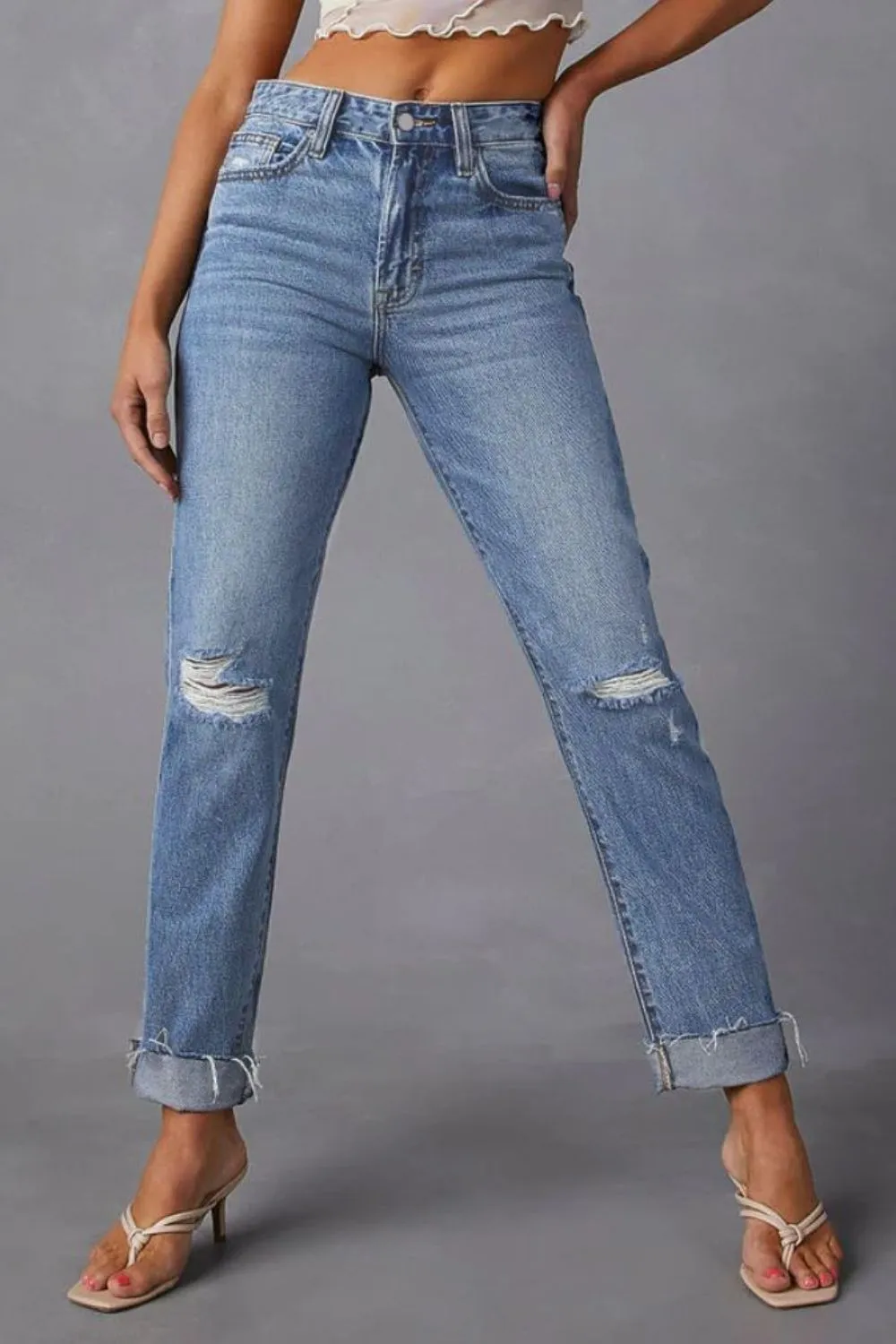Distressed Raw Hem Straight Jeans with Pockets, image 2