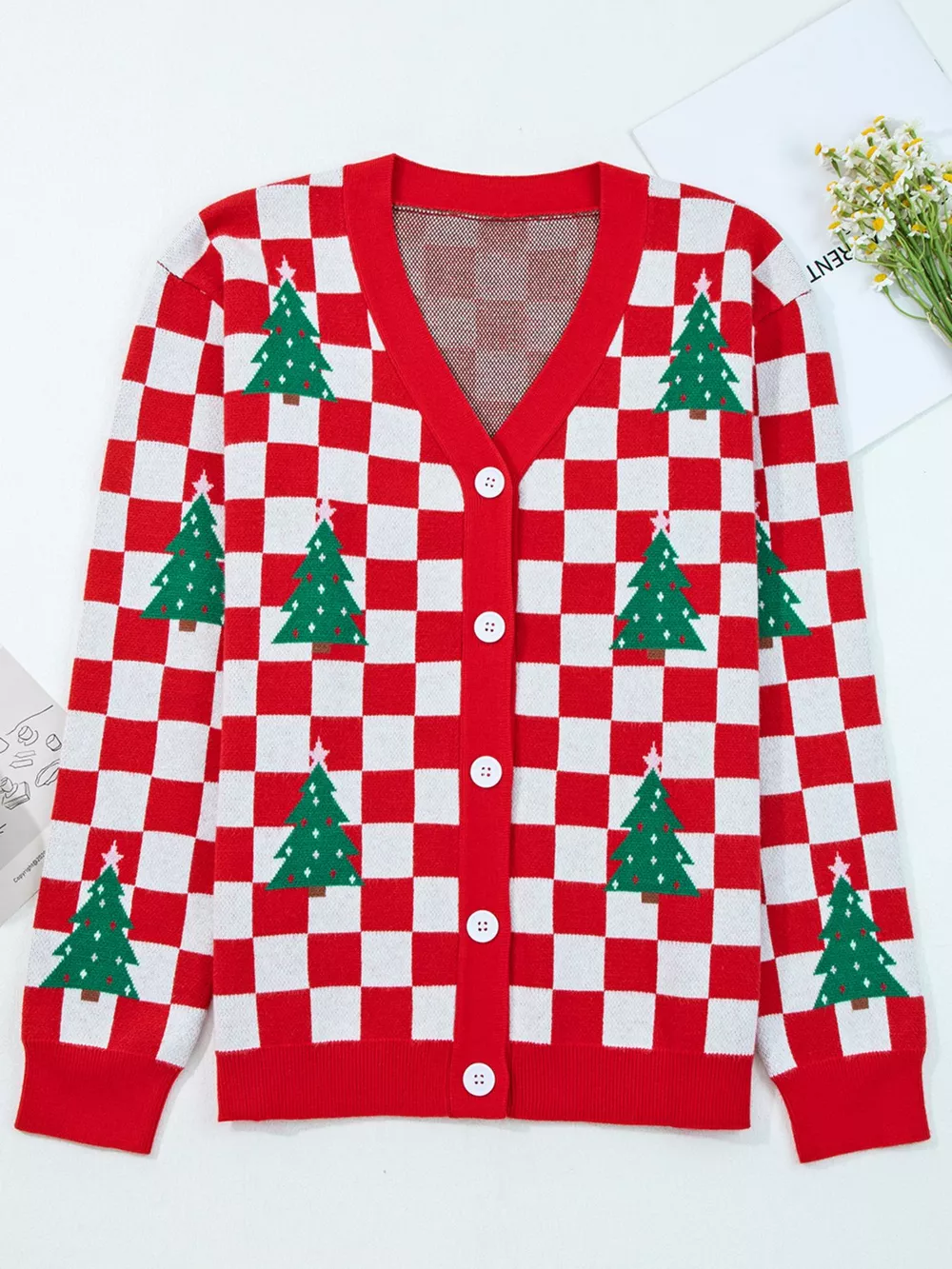 Christmas Tree Pattern Checkered Button V Neck Cardigan, image 2